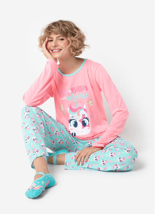 Pijama Manga Longa Feminino Unicórnio Popstar