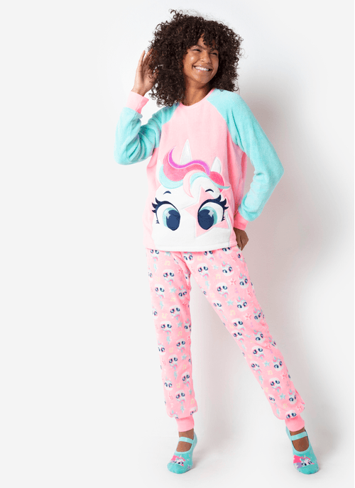 Pijama Manga Longa Feminino Soft Unicórnio Popstar