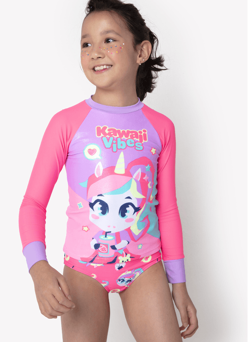 Camiseta Manga Longa Menina com Proteção Solar Unicórnio Kawaii