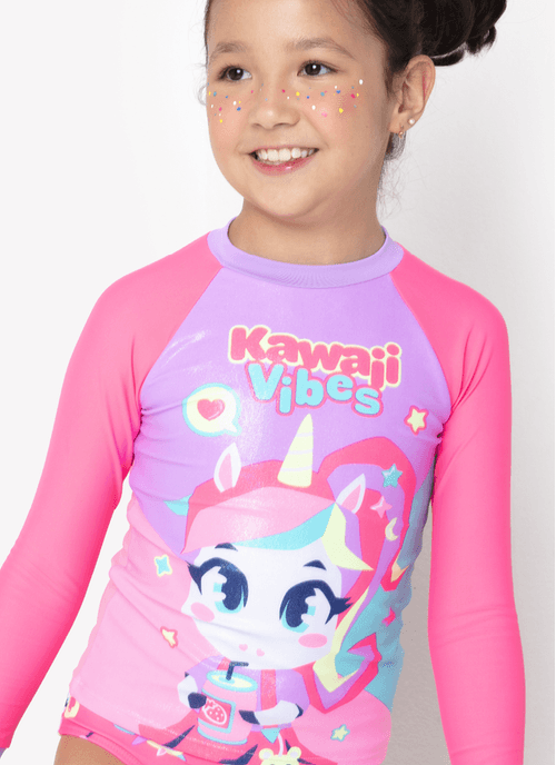 Camiseta Manga Longa Menina com Proteção Solar Unicórnio Kawaii