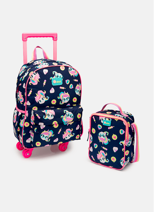 Kit Escolar Mochila com Rodinha + Lancheira Térmica Unicórnio Kawaii