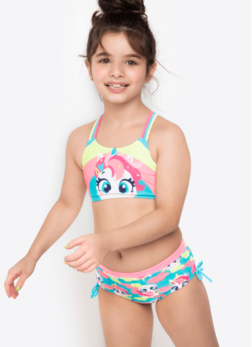 Biquíni Menina com Proteção Solar Unicórnio Colorful Camuflado