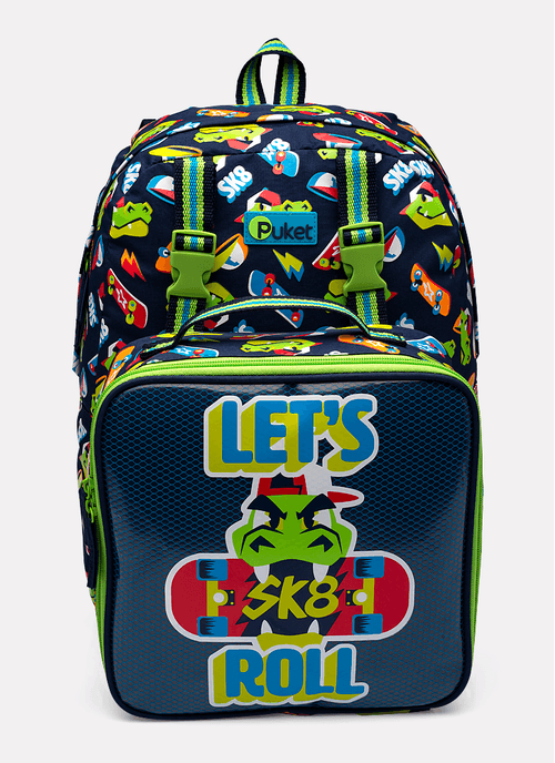 Mochila de Costas e Lancheira Dinossauro Skate