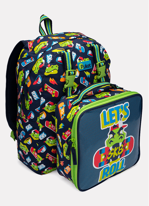 Mochila de Costas e Lancheira Dinossauro Skate