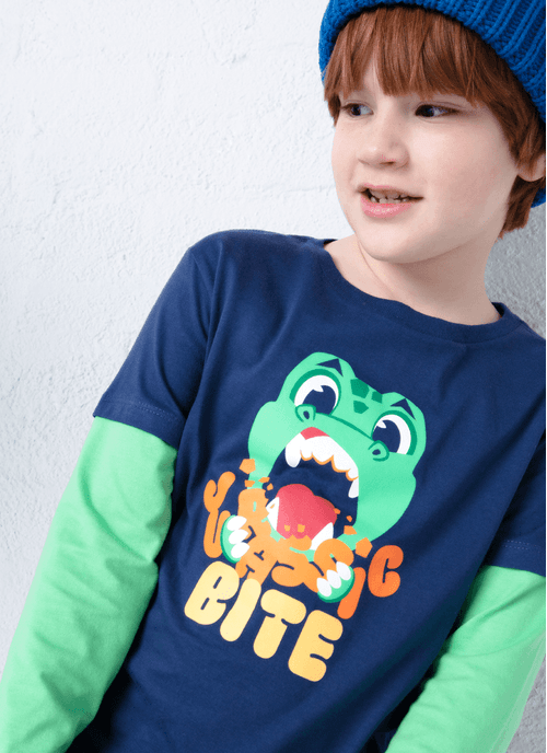 Camiseta Infantil Manga Longa Algodão Dino Food