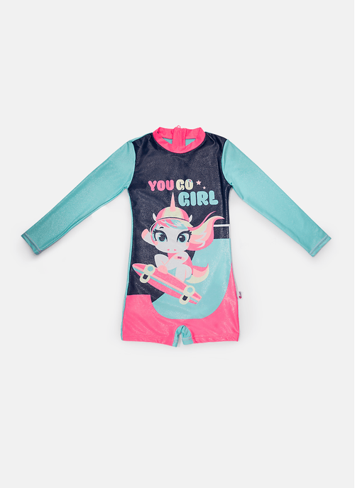Macacão Praia Manga Longa Menina Unicórnio Skate