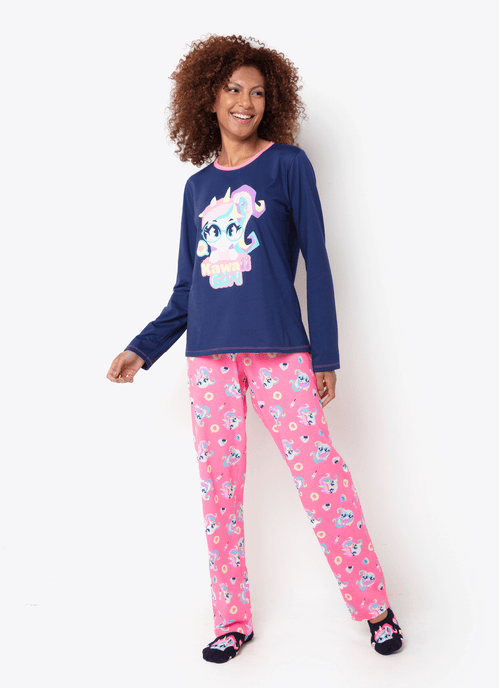 Pijama Manga Longa Algodão Feminino Unicórnio Kawaii