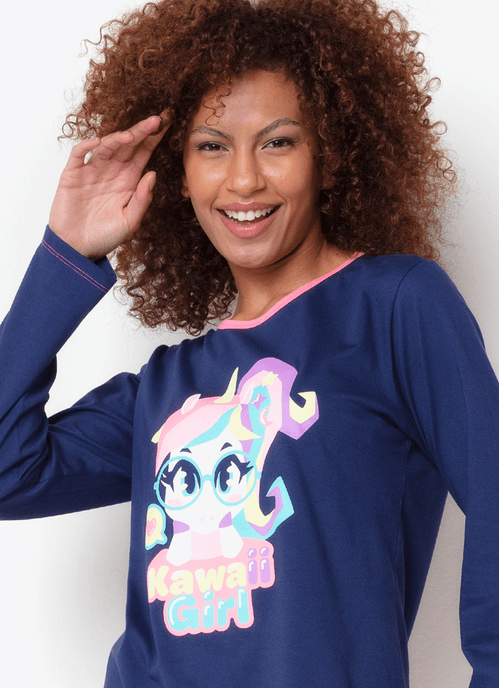 Pijama Manga Longa Algodão Feminino Unicórnio Kawaii