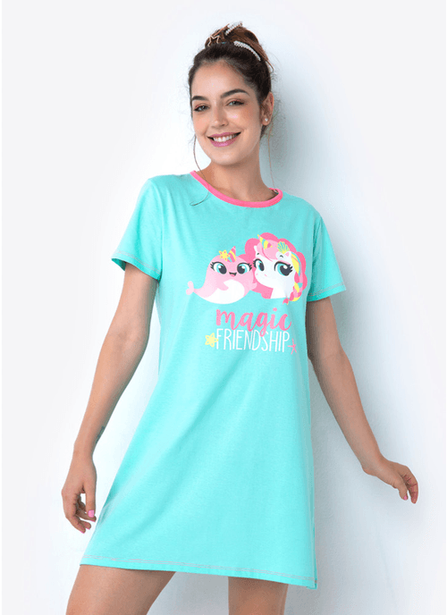 Camisola Manga Curta Algodão Feminino Unicórnio