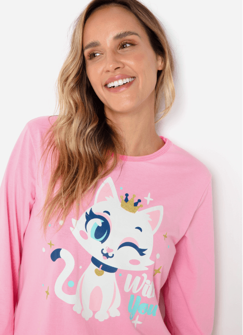 Pijama Manga Longa Algodão Feminino Gata Romântica