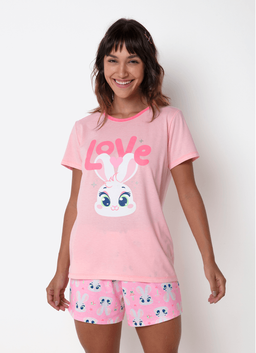Pijama Manga Curta Algodão Feminino Coelha Romântica