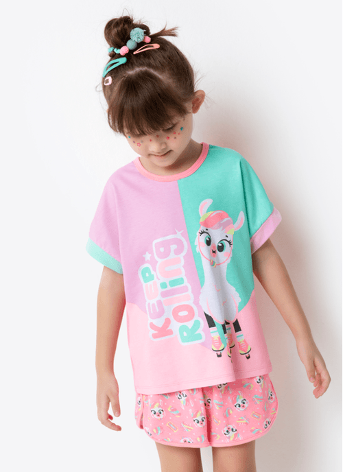 Pijama Manga Curta Viscolycra Menina Lhama Retrô