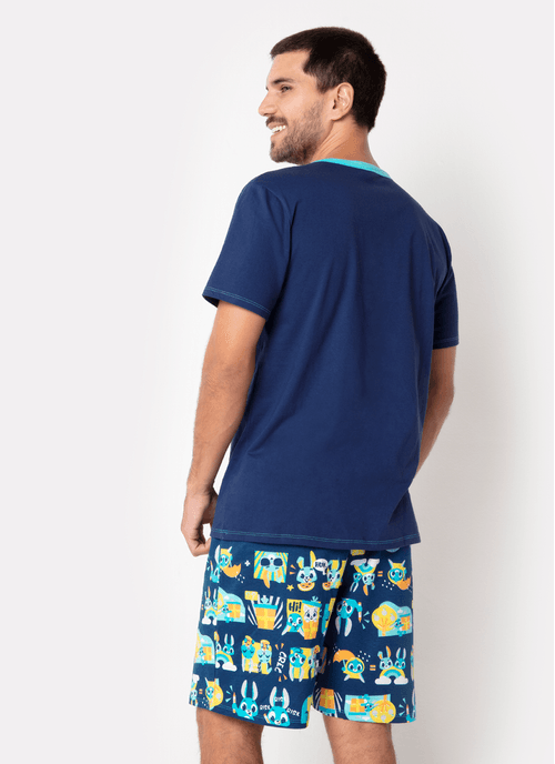 Pijama Manga Curta Masculino Algodão Família Coelho
