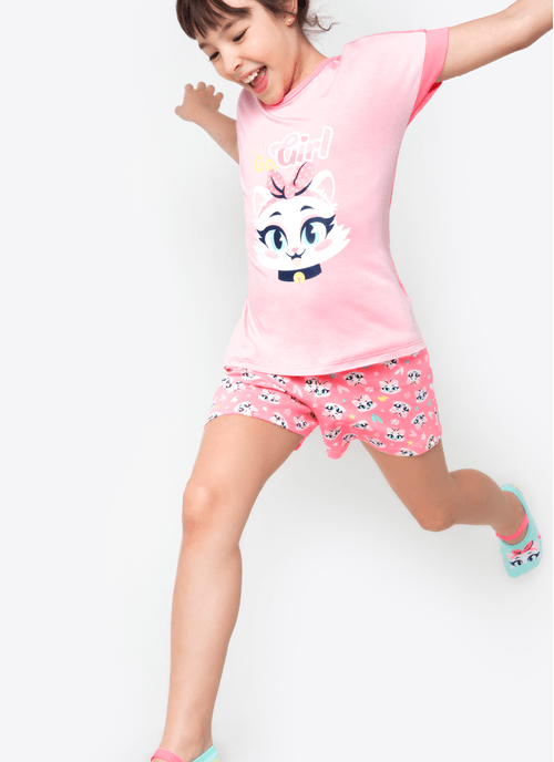 Pijama Manga Curta Menina Gata Power