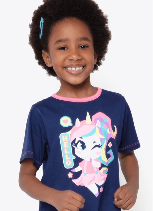 Camisola Manga Curta Algodão Menina Unicórnio Kawaii