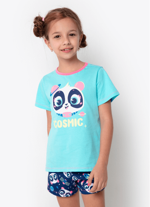 Pijama Manga Curta Algodão Menina Família Panda