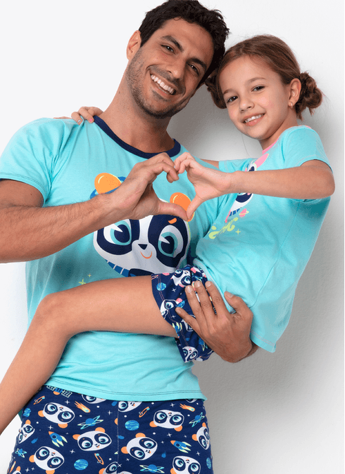 Pijama Manga Curta Algodão Menina Família Panda