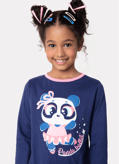 Pijama Manga Longa Menina Algodão Panda Bailarina