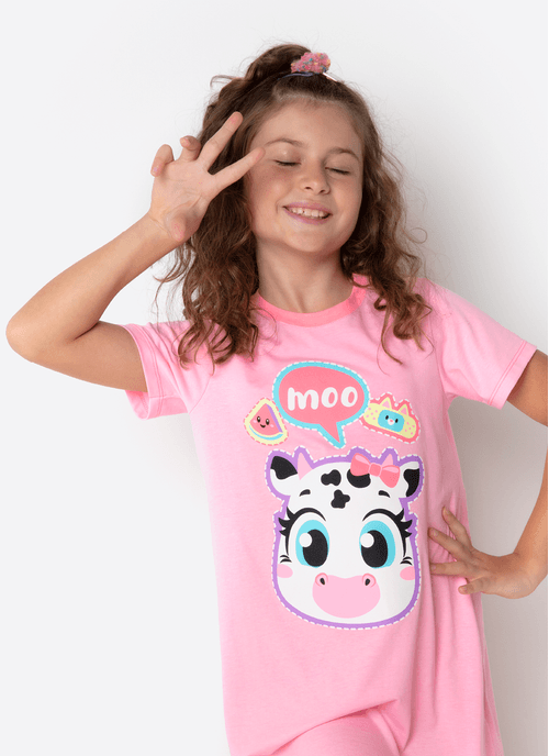 Camisola Manga Curta Menina Teen Algodão Vaca Patches