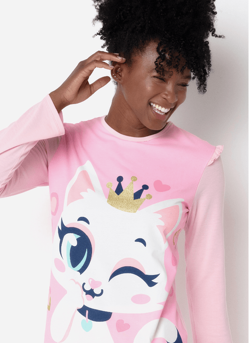 Pijama Manga Longa Viscolycra Feminino Gata Romântica