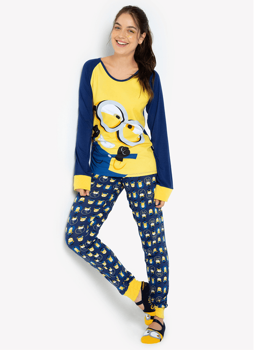 Pijama Manga Longa Feminino Viscolycra Mininons
