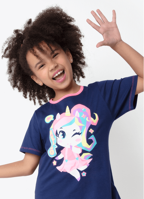 Camisola Manga Curta Algodão Menina Teen Unicórnio Kawaii