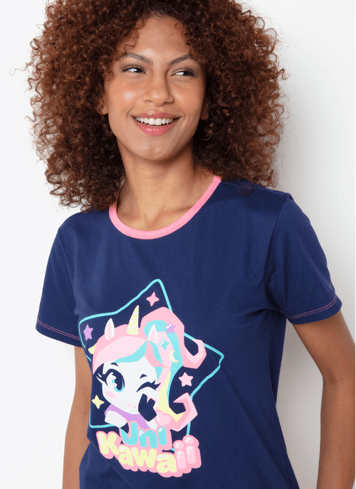 Pijama Manga Curta Algodão Feminino Unicórnio Kawaii