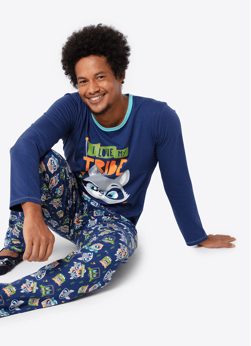 Pijama Manga Longa Masculino Algodão Família Guaxinim
