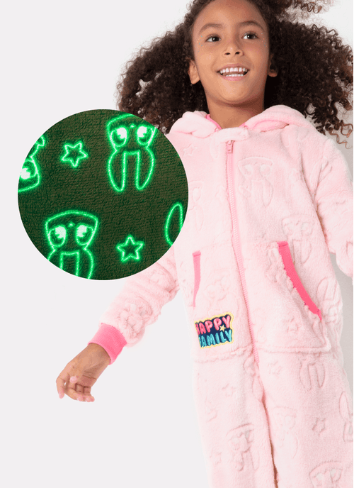 Macacão Manga Longa Menina Soft Família Coelho Brilha no Escuro