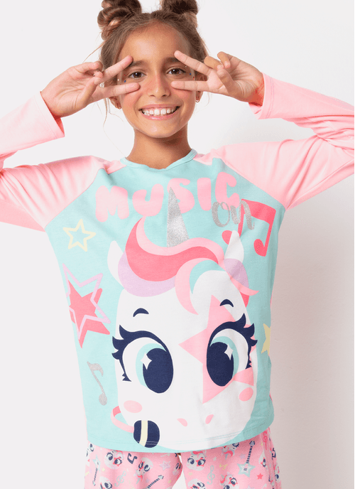 Pijama Manga Longa Menina Teen Viscolycra Unicórnio Popstar