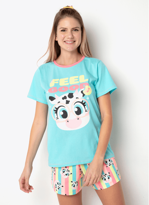 Pijama Manga Curta Algodão Feminino Vaca Colorful