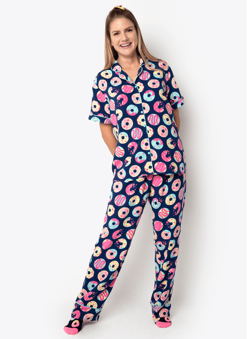 Pijama Longo Manga Curta Viscose Feminino Panda Donuts