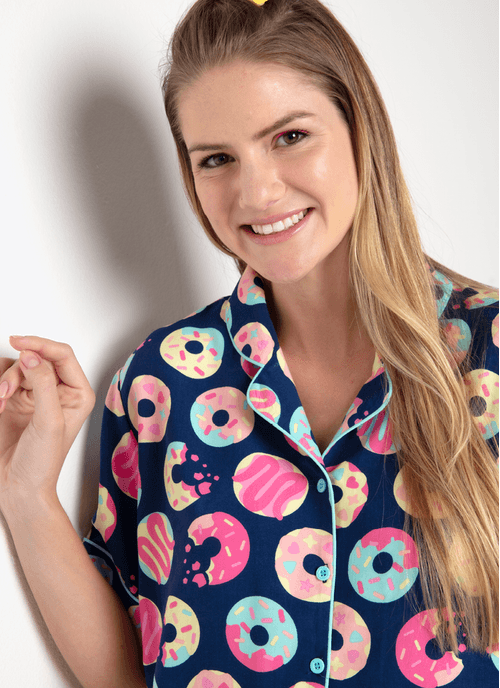 Pijama Longo Manga Curta Viscose Feminino Panda Donuts