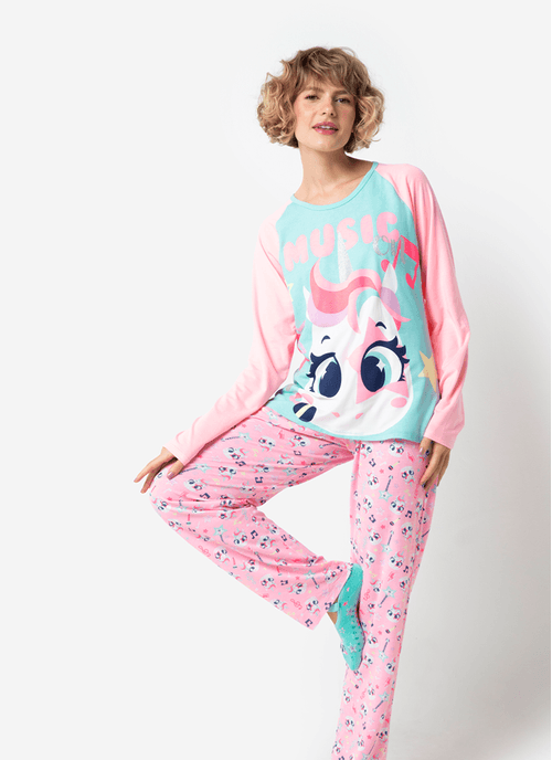 Pijama Manga Longa Feminino Viscolycra Unicórnio Popstar