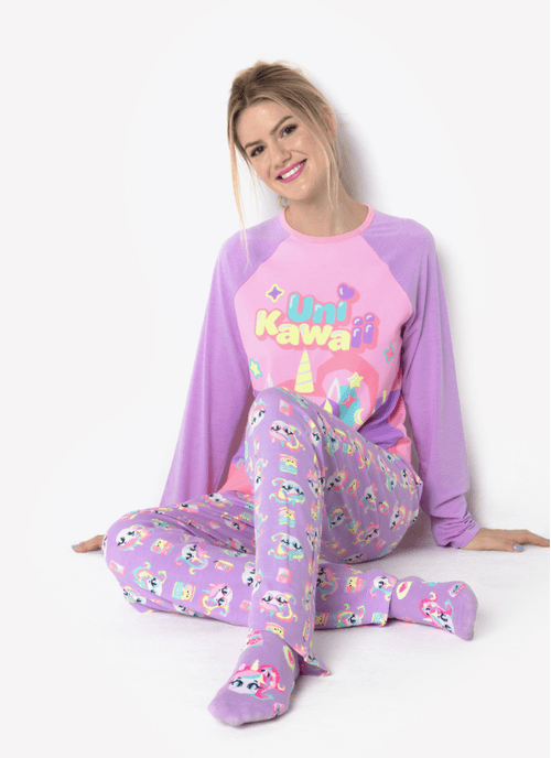 Pijama Manga Longa Viscolycra Feminino Unicórnio Kawaii