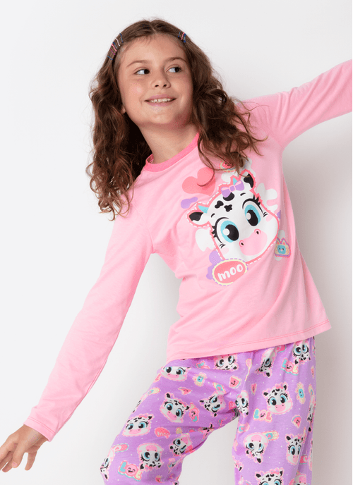 Pijama Longo Pijama Manga Longa Algodão Menina Teen Vaca Patches