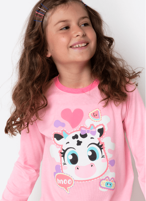 Pijama Longo Pijama Manga Longa Algodão Menina Teen Vaca Patches