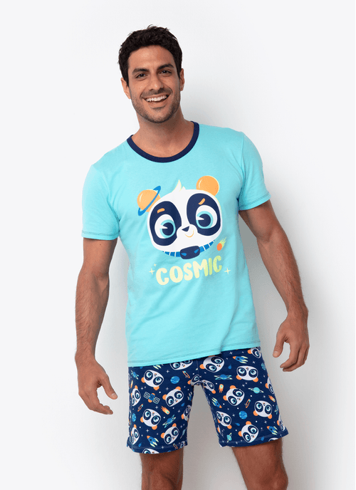 Pijama Manga Curta Algodão Masculino Família Panda