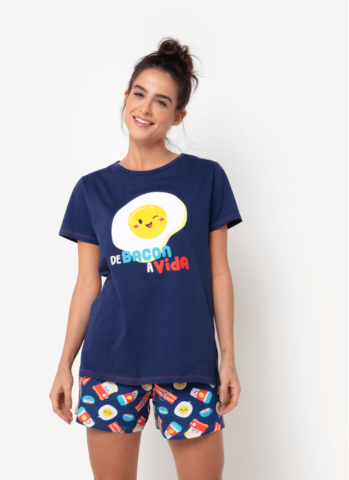Pijama Manga Curta Feminino Algodão Família de Bacon a Vida