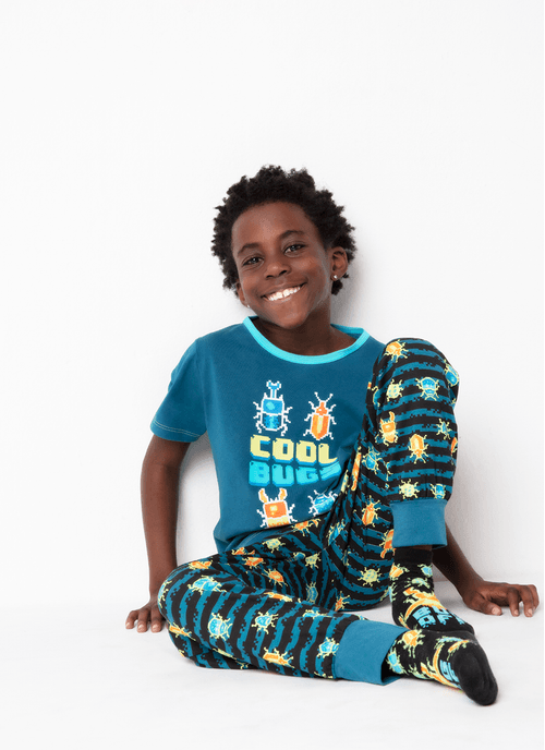 Pijama Longo Manga Curta Menino Viscolycra Pixel Bugs Brilha no Escuro