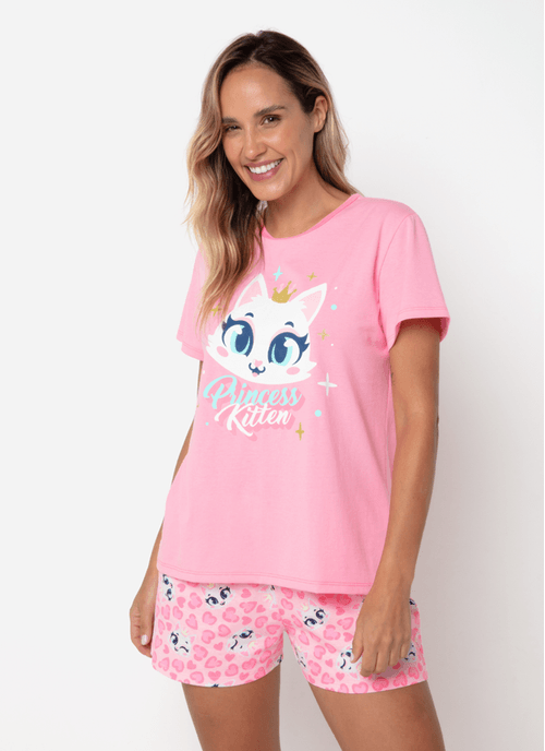 Pijama Manga Curta Algodão Feminino Gata Romântica