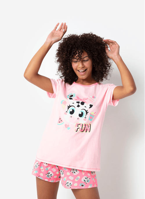 Pijama Manga Curta Feminino Algodão Vaca