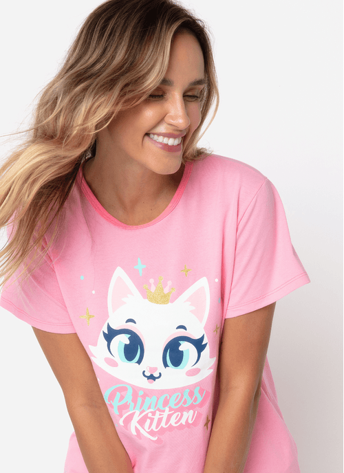 Pijama Manga Curta Algodão Feminino Gata Romântica