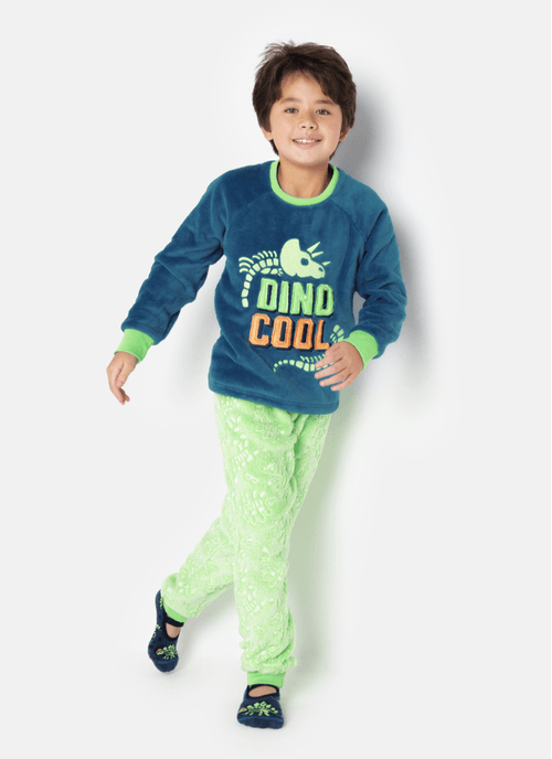 Pijama Manga Longa Menino Teen Soft Dinossauro Fósseis