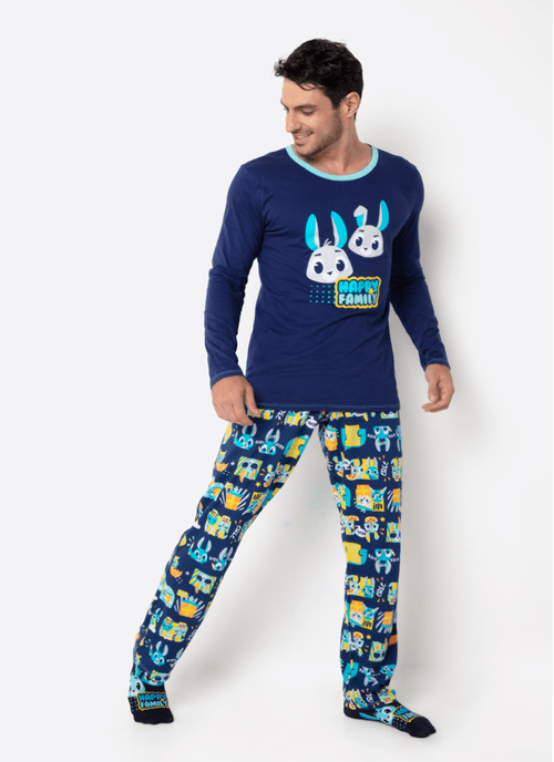 Pijama Manga Longa Algodão Masculino Família Coelho