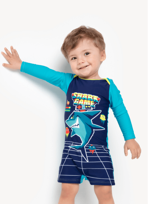 Macacão Praia com Proteção Solar Bebê Menino Tubarão Gamer