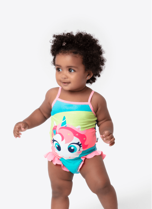 Maiô com Proteção Solar Bebê Menina Unicórnio Colorful