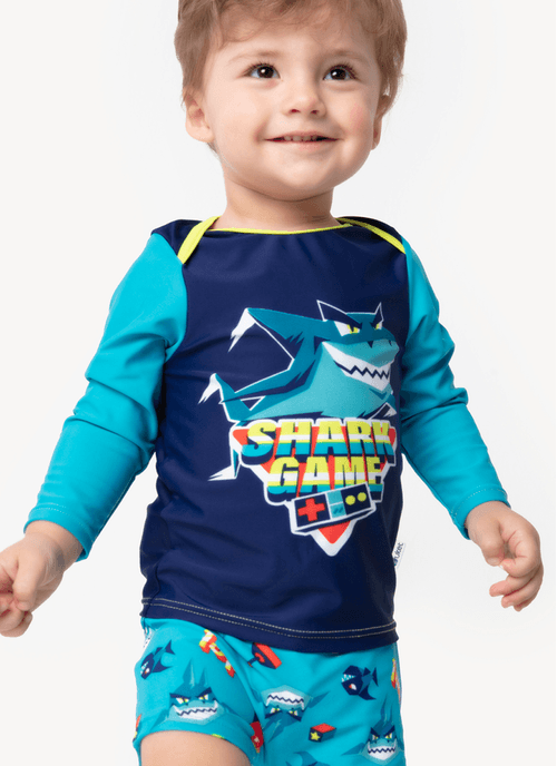 Camiseta com Proteção Térmica Bebê Menino Tubarão Gamer