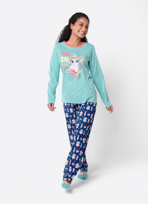 Pijama Manga Longa Algodão Feminino Unicórnio Skate