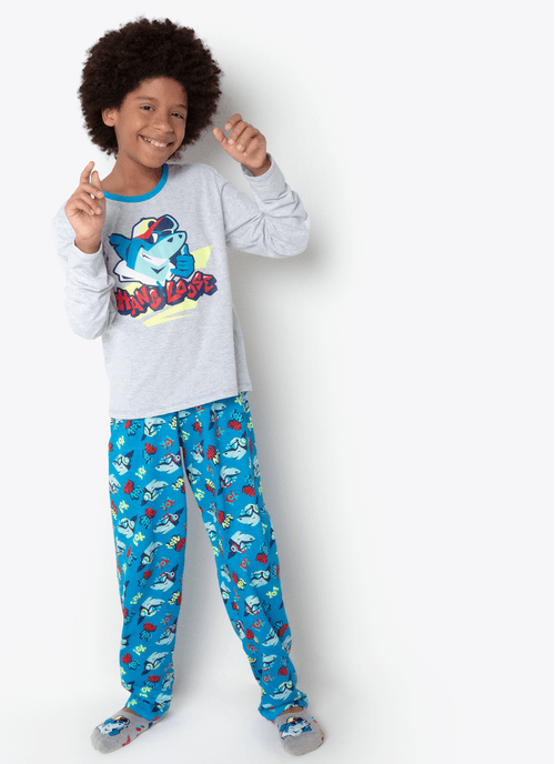 Pijama Manga Longa Algodão Menino Teen Tubarão Hip Hop